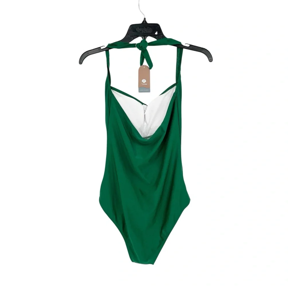 Smismivo Halter One Piece Swimsuit Green Ruched Tummy Control Retro Pinup Size M